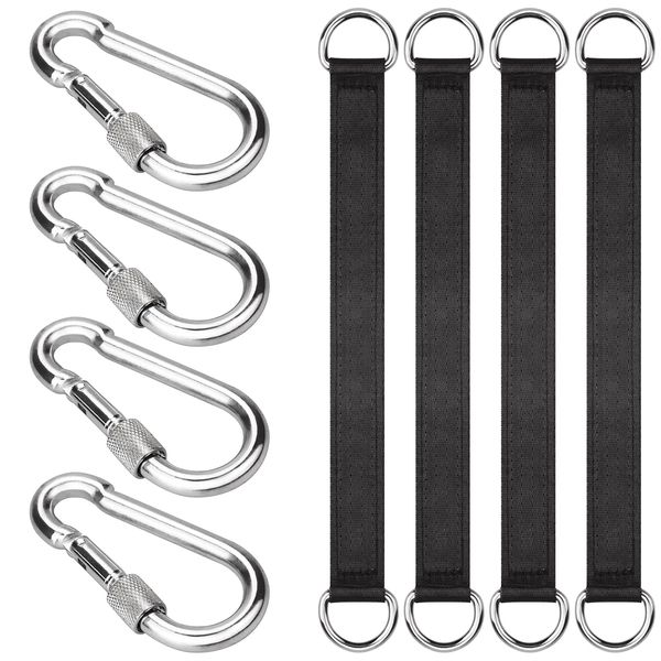 ISusser 4 PCS Black Tree Swing Straps Hanging Kit with 4 Carabiners, 24cm / 9.4inches Length Tree Swing Hanging Kit Holds 220 lbs Perfect for Tree Swing Hammocks