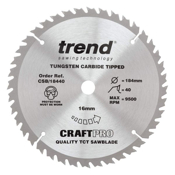 Trend CraftPro TCT Medium & Fine Finish Trimming Cross-Cutting Sawblade for Wood, 184mm Diameter, 16mm Bore, 40 Teeth, 2.6mm Kerf, +15° Hook, CSB/18440