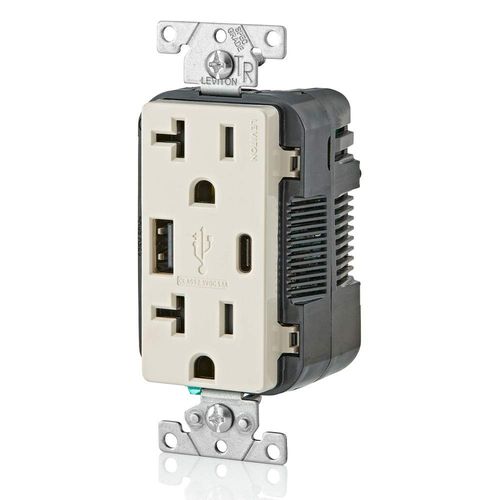 Leviton T5833-T Type A & Type-C USB In-Wall Charger with 20A Tamper-Resistant Outlet, USB Charger for Smartphones and Tablets. Not for Laptops, Light Almond