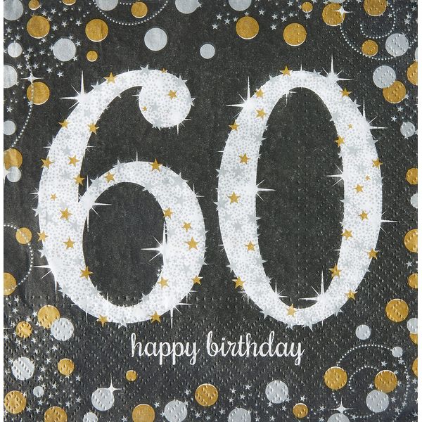 Amscan 511547 - Servietten 60. Geburtstag, 16 Stück, 33 x 33 cm, Happy Birthday, Sparkling Celebration, Gold