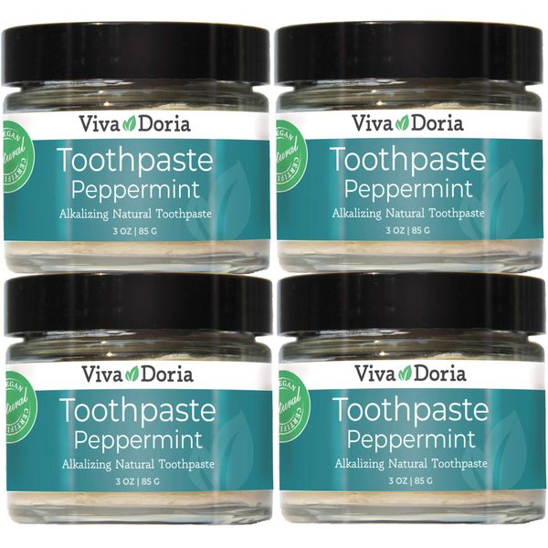 Pack of 4 Viva Doria Fluoride Free Natural Toothpaste - Peppermint (3 oz Glass jar) Refreshes Mouth, Freshens Breath, Keeps Teeth and Gum Healthy