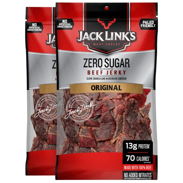 Jack Link's Beef Jerky, Zero Sugar, Paleo Friendly Snack with No Artificial Sweeteners, 13g of Protein and 70 Calories Per Serving, No Sugar Everyday Snack, 7.3 oz (Pack of 2)