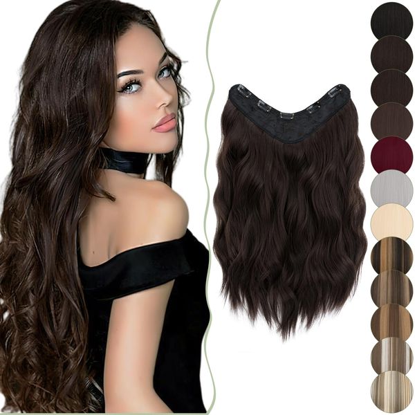 SEGO 18 Inch One Piece Clip in Hair Extensions U-Shaped Long Wavy Synthetic Curly One Piece Hairpieces With 5 Secure Clips, Dark Brown