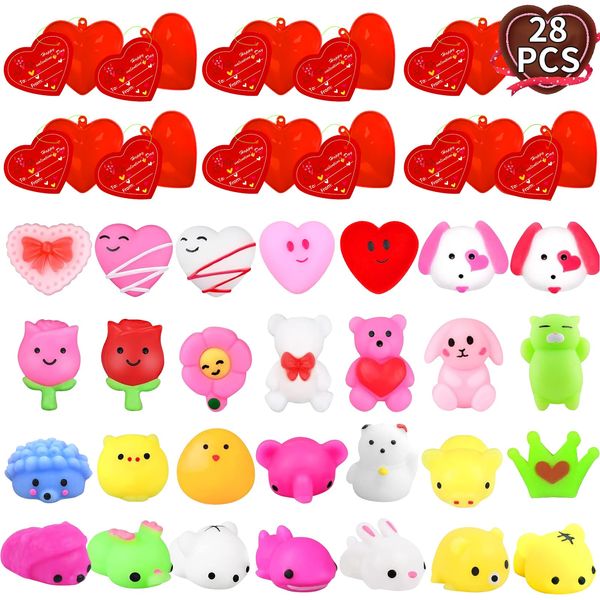 28PCS Valentines Mochi Squishies Toys Set, Kawaii Animals Squishies Toys Filled Hearts Boxes with Cards Valentines Stress Relief Toys for Boys Girls Exchange Gifts Classroom Prizes Valentine Party