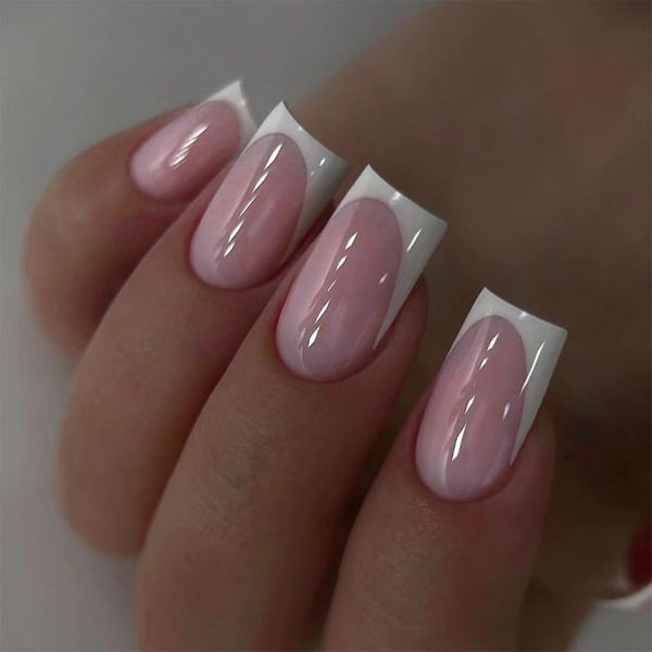 24pcs French Tip False Nails Short Square Press on Nails White Edge Pink Fake Nails Stick on Nails Removable Glue-on Acrylic Full Cover Nails Women Girls Gifts Nail Art Accessories