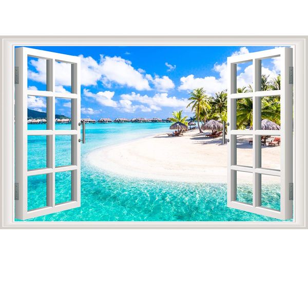 3D Beach Seascape Fake Windows Wall Stickers Removable Faux Windows Wall Decal Landscape Wall Decor for Livingroom Bedroom (Beach Seascape)