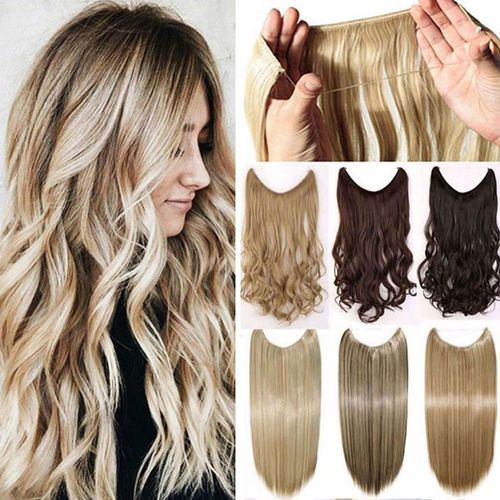 Secret Wire in Hair Extensions Straight Curly Wavy Hair Extension Long Hairpiece Blonde Brown Black Color For Women 20" Straight - Ash blonde mix bleach blonde