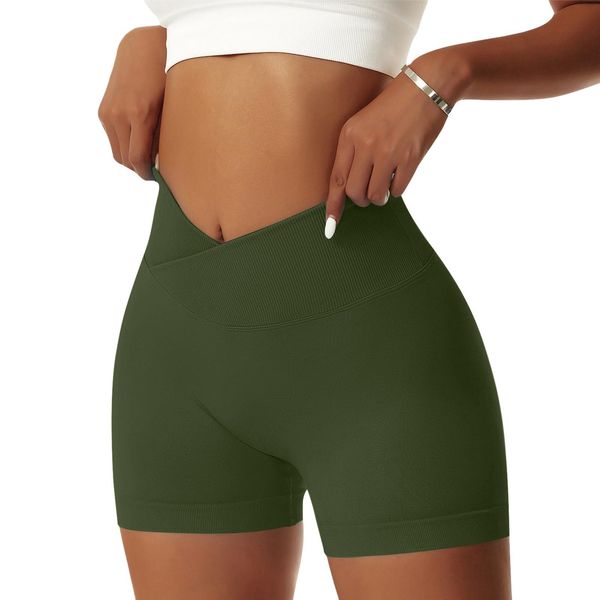 Vertvie Women's Gym Shorts V Cross Stretch Push Up Yoga Shorts Booty Scrunch Fitness Trousers Short High Waist Seamless Workout Sports Shorts Butt Lift Short Leggings Summer, Army Green, XS