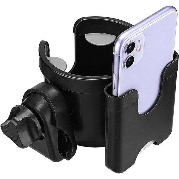 Stroller Cup Holder Adjustable Drink Holder with Phone Holder Universal Black
