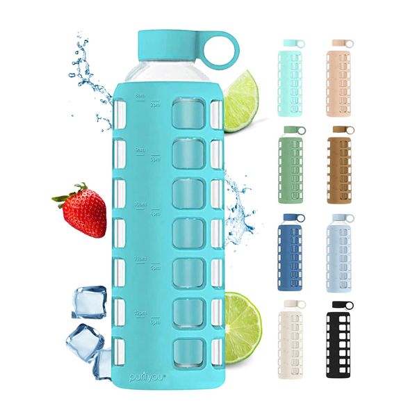 purifyou Premium 40/32 / 22/12 oz Glass Water Bottles with Times to Drink and Volume, Silicone Sleeve & Stainless Steel Lid Insert, Reusable for Fridge Water, Milk, Fruit Juice (Aqua Blue, 22 oz)