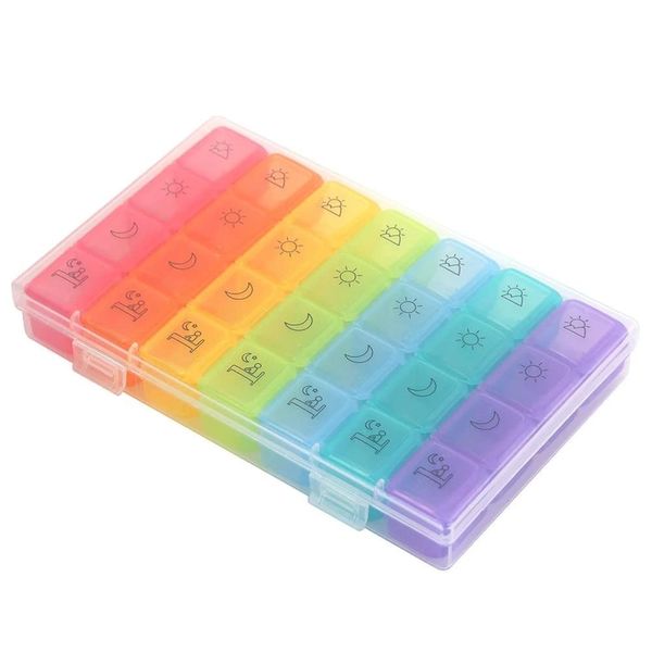 LONGSHUNXING Pill Box Organiser 7 Day Pill Box Organizer 4 Times a Day- Weekly Organiser Medication Dispenser Reminder BPA for Travel – Premium Quality Food Grade Material, Rainbow, 17cm*10.5cm*2.5cm