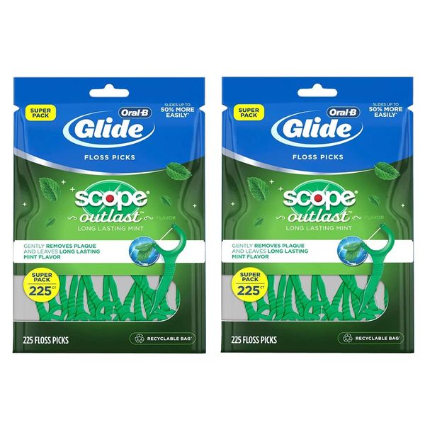 Oral-B Glide with Scope Outlast Dental Floss Picks, Long Lasting Mint 225 Count (Pack of 2) 450 Total