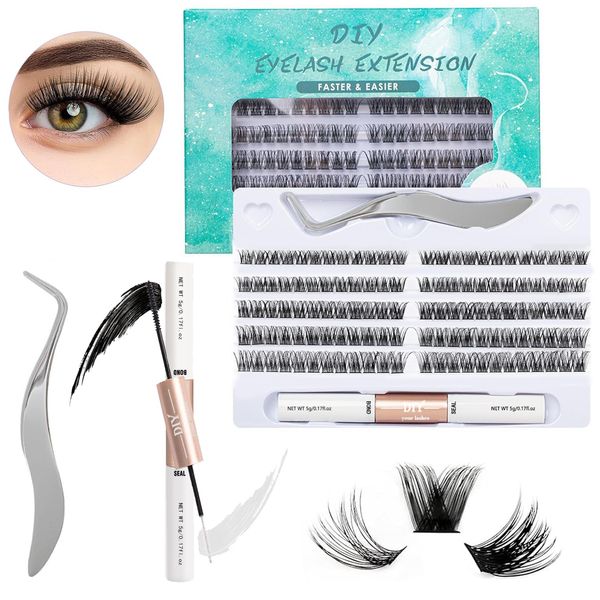 Kit Extension Ciglia,extension ciglia kit,Kit Ciglia Extension-120 Pezzi Curl Ciglia Finte Cluster Mix 10-16mm con Lash Bond e Seal Glue e Pinzette,Lash Applicator Tool per Principiante DIY te a Casa