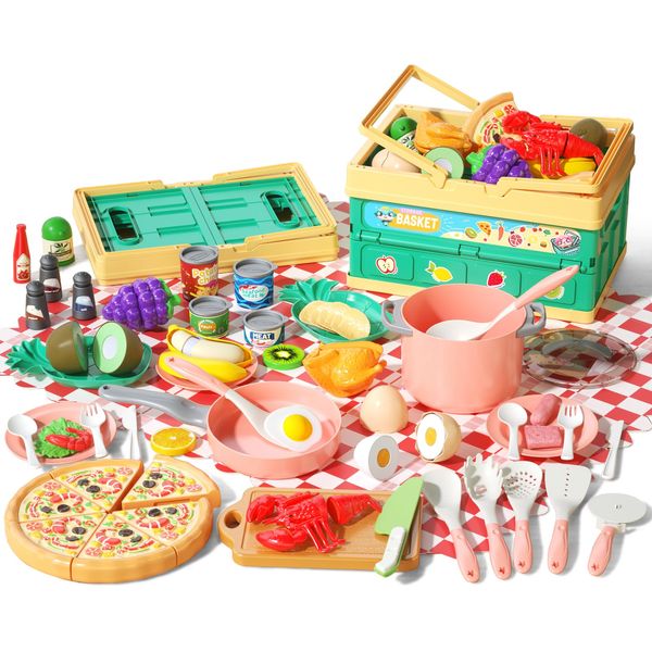 Funpynani 80Pcs Kitchen Playset, Toddler Pretend Cooking with Pots, Pans, Cookware, Food, Picnic Blanket, Fruits, Veges, Shopping Storage Basket, Dessert, Learning Gift for Girls Boys (Pink)