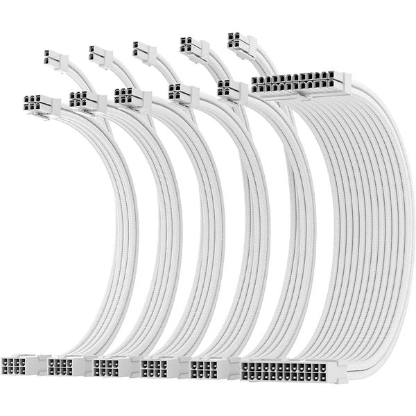 AsiaHorse Updated 16AWG PC Power Extension Cable, PC Sleeve Cable Kit for GPU/CPU, Power Computer Cable Extension Cable with Comb, 24PIN/(6+2) PIN/(4+4)PIN Cable Management, 30CM, Snow White