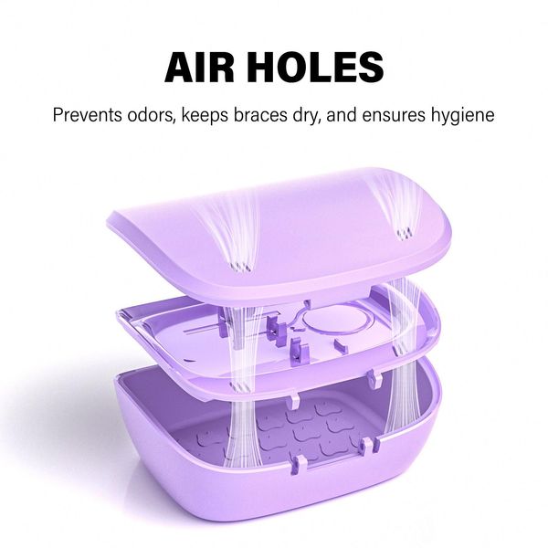 Retainer Case with Mirror & Vent Holes, Double-Layer Denture Organizer with Sturdy ABS, Soft Silicone Liner, and Magnetic Lid (Purple)