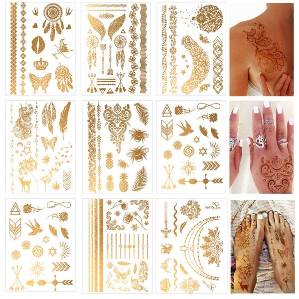 9 Blatt 125+ Gold Flash Tattoos Erwachsene, Festival Tattoos zum Aufkleben, Tatoo Temporäre Damen, Klebetattoos Festival Zubehör, Gesichtstattoo Karneval Glitzer Accessoires für Party