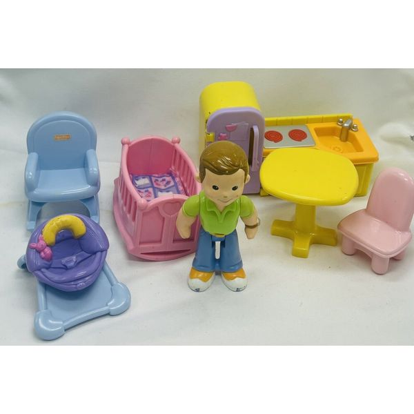 Fisher Price MY FIRST DOLLHOUSE Baby Furniture Kitchen Table LOT Dad Figure