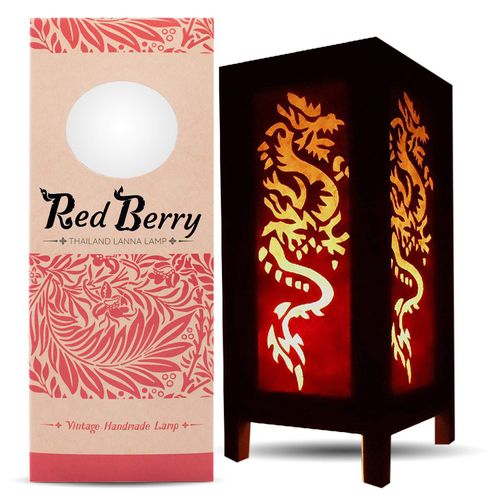 Red Berry Bedside Japanese Lamp - Vintage Asian Inspired Decorative Table Lamp with Fabric Square Lamp Shade - Retro White Dragon Lamp for Bedroom Nightstand, Desk, Living Room, Dorm White Dragon