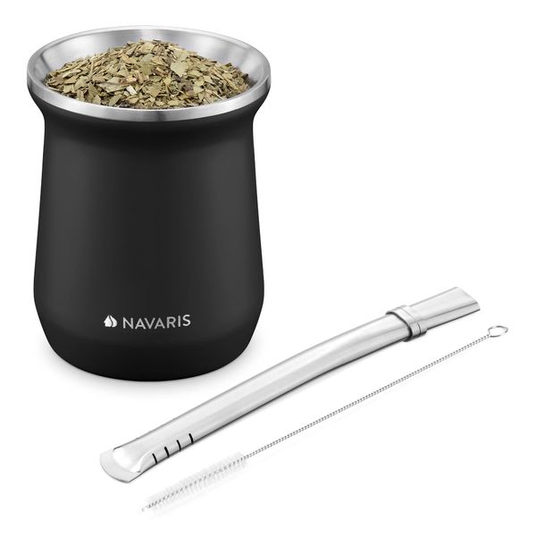 Navaris Yerba Mate Cup - 300ml Double Walled Stainless Steel Mate Tea Set with Gourd Cup Mug and Bombilla Straw and Brush for Mate Drink - Black