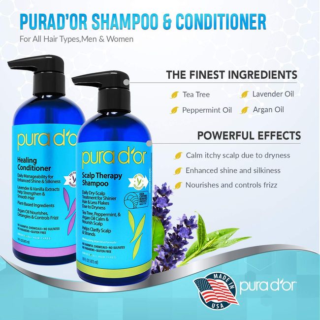  PURA D'OR Scalp Therapy Shampoo & Healing Conditioner Set(16  fl oz x 2) For Dry, Itchy Scalp - Hydrates & Nourishes Hair with Tea  Tree,Argan Oil & Biotin, All Hair