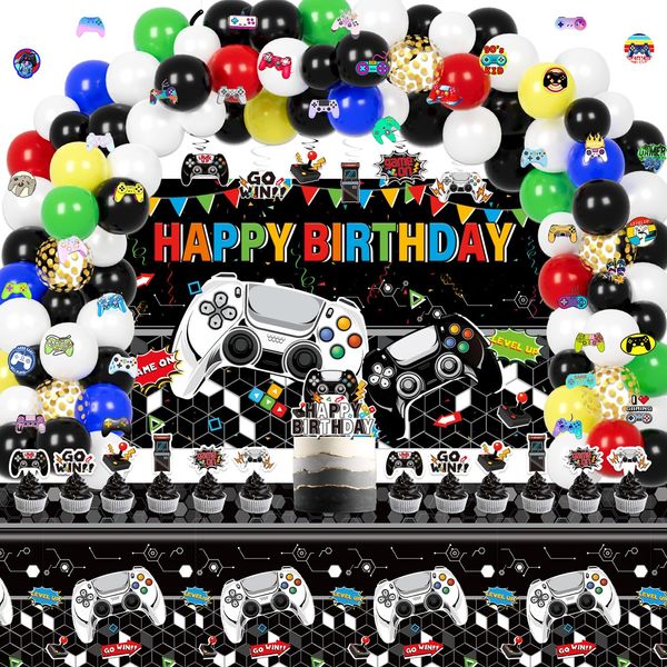 KimaruLZ Gamer Birthday Party Decorations - 174Pcs Black and White Video Game Gaming Party Supplies For Boys Birthday - Backdrop, Table Cover, Hanging Swirls, Cupcake Cake Topper, Balloons, Stickers