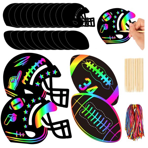 JarThenaAMCS 60Pcs Football Scratch Paper Craft Kits Football Helmet Scratch Cards Ornaments with Ribbon and Wooden Styluses for DIY Crafts Painting Classroom Party Supplies