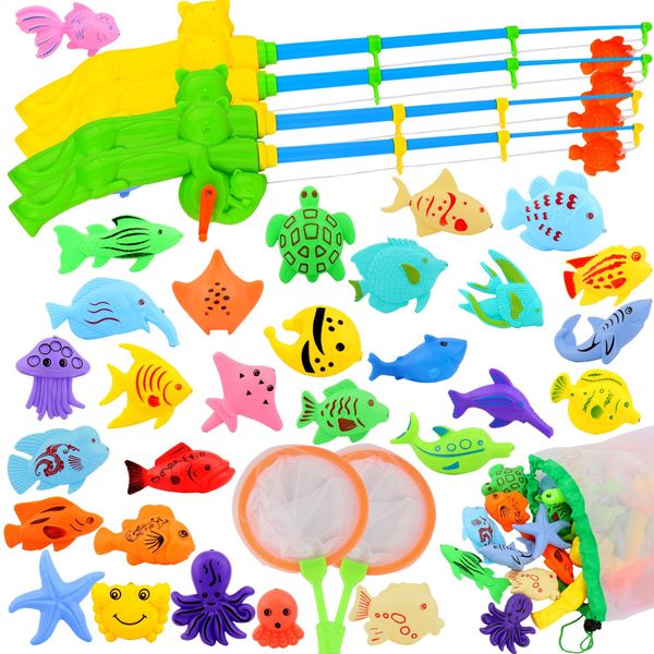 AUUGUU Magnetic Fishing Pool Toys Game, Water Table Bathtub Toy with Pole Rod Floating Fish, Birthday Party Gifts for Toddler Age 3 4 5 6 Year Old, Kids Outdoor Toys, Bath Toys