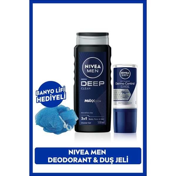 MEN Erkek Roll-on Deodorant Derma Control Clinical 50ml ve Active Clean Duş Jeli 500ml, Lif Hediye