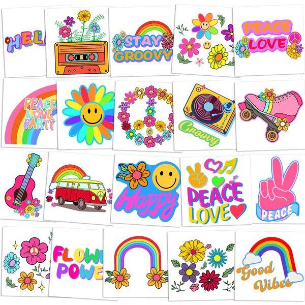 Zayvor Groovy 70s Temporary Tattoos Individually Bulk,Flower Power Daisy Floral Groovy Birthday Party,Good Vibes Rainbow favours Goodie Bag Halloween Makeup Costume