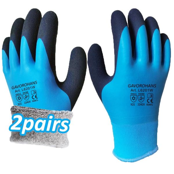 GAVOROHANS 2 Pairs Waterproof Thermal Winter Work Gloves Polar Fleece Liner Superior Grip Double Latex Coating for Garden Logistics Warehousing in Cold Weather Outdoor Activities