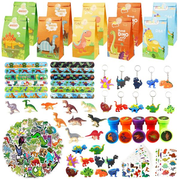 Lunriwis 122PCS Dinosaur Party Bags Fillers, Dinosaur Party Favours for Kids, Dinosaur Pinata Party Bag Fillers, Dinosaur Slap Bracelet Keychains Ring Tattoo Party Supplies Toys for Kids Boys Girls