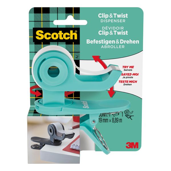 Scotch Adhesive Tape Dispenser C&T, Mint Green, 1 Roll Included, 19 mm x 8.89 mm - Portable One-Handed Dispensing, Clip to Tables, Desks, Monitor Stands