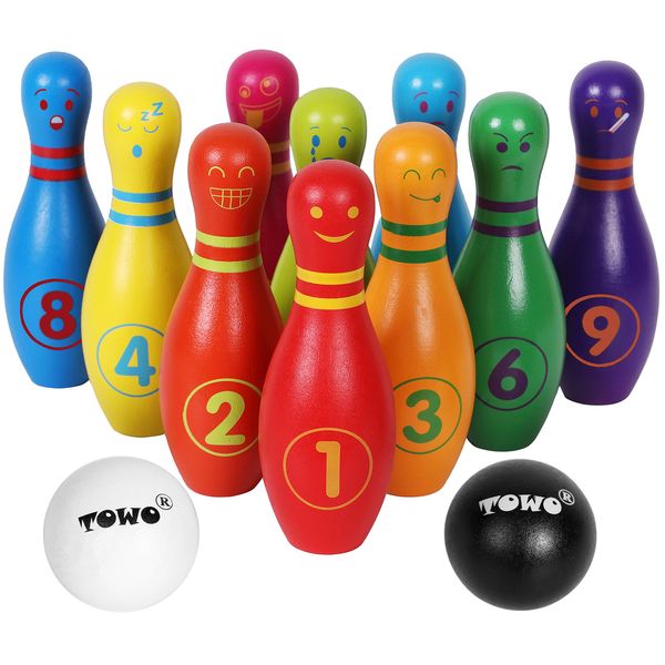 Bowling Kinder Holzspielzeug - Kegelspiel für Kinder groß mit Gesichtsgefühlen und Zahlen - Bowlingset mit 12 Kegeln und 2 Bowlingkugeln aus Holz - Holzspielzeug für 2 Jahre Kleinkinder