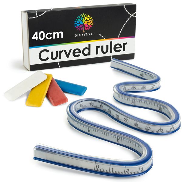 OfficeTree Flexible Ruler 16 Inches - Flexi Curve Ruler 40cm - Flexible French Curve Ruler, Perfect for Sewing and Drawing - Curve Flex - Flexi Ruler - 4x Chalk