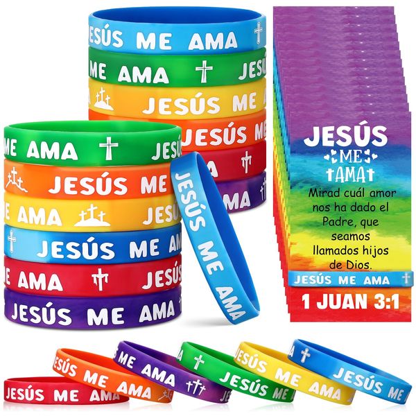 Humyoun 30 Sets/ 60 Pcs Jesus Me Ama Spanish Jesus Loves Me Silicone Wristbands with Bible Verse Cards, 1 Juan 3 1 Christian Religious Party Favor Gift Rainbow Wristbands for Bible School Church Group