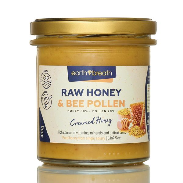 Earthbreath Honey with Bee Pollen - 400g - Raw, Pure, Unpasteurised and Unfiltered - Natural Sweetener - Healthy Immunity Support