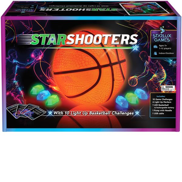 StarShooters: A Glow in The Dark Basketball Game Set | Ages 8+ | Includes Rechargeable Light Up Basketball, Pump, Needle, 6 Marker Lights & 10 Glow Basketball Game Options | Basketball Gifts for Boys