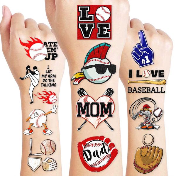 Generic 100 PCS Baseball Bat Sports Temporary Tattoos Stickers Themed 1st Birthday Party Supplies Decorations Favors Decor Gifts for Kids Boys Party Baseball Cap School Prizes, Red, Blue, White