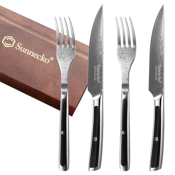 Sunnecko Steak Knife Fork, 4-Piece Set, 73-Layer Damascus, Caratory, Stylish, Home Use, High Quality, Rustproof, Dinner Knife Fork, Cutlery Accessories, Cooking Tools, Kitchen Supplies, New Life,