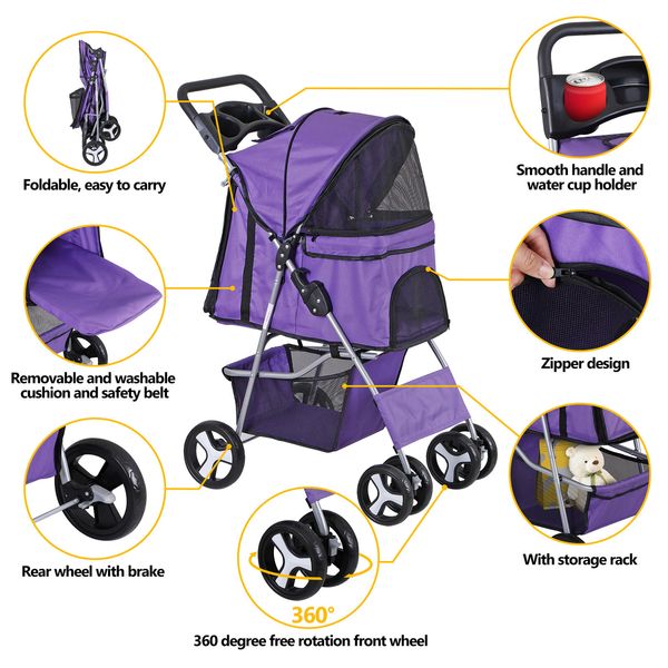 Pet Travel Carriage 4 Wheels Dog Stroller Foldable Carrier Cup Holder Purple