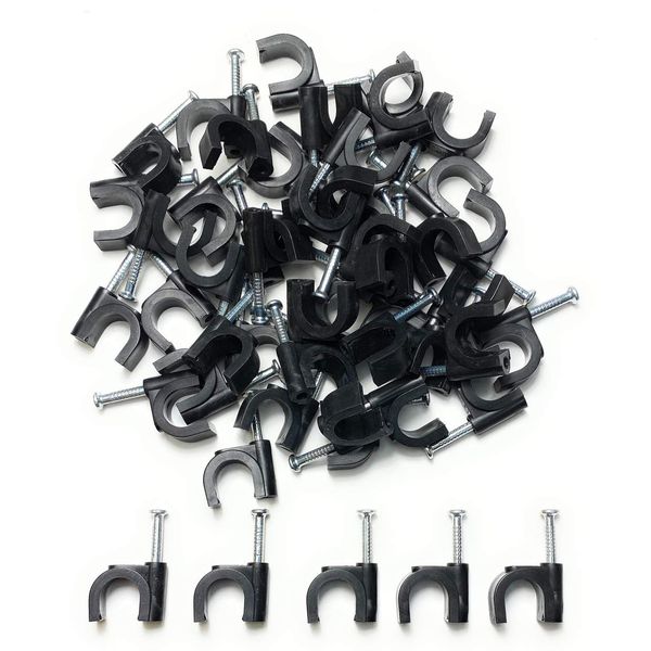 TR Cable® Pack of 50 Round Black Cable Clips with Strong Nails - Durable & Versatile - Ideal for Indoor/Outdoor Cable Management, 10mm