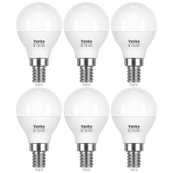 Vanke E14 LED Light Bulb, Small Edison Screw in Golf Ball Bulbs, 6W (Equivalent to 40W), Warm White 2700K, 470 Lumen, Pack of 6, Non-Dimmable