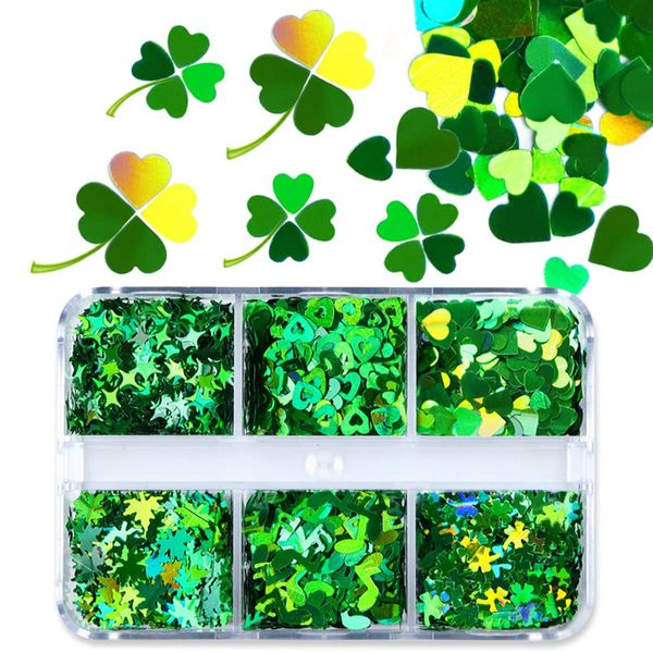 6 Grids St. Patrick's Day Nail Art Sequins 3D Shamrock Nail Decals Mixed Stars Heart Leaves Clover Nail Designs Holographic Nail Glitter Flakes for Women DIY St Patricks Day Nail Decorations