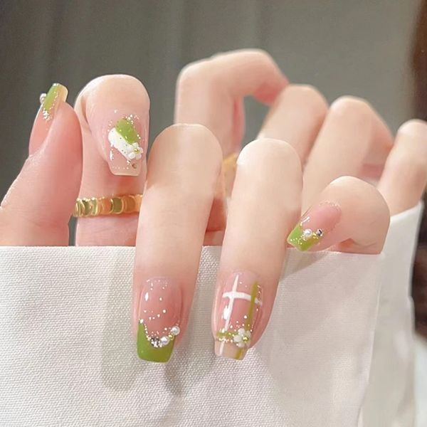 Ceboic 24Pcs Square False Nails Short, French Press on Nails Flower Pattern, Green Glossy Removable Glue on Nails with Glue Stickers, Acrylic Full Cover Stick on Nails for Women and Girls