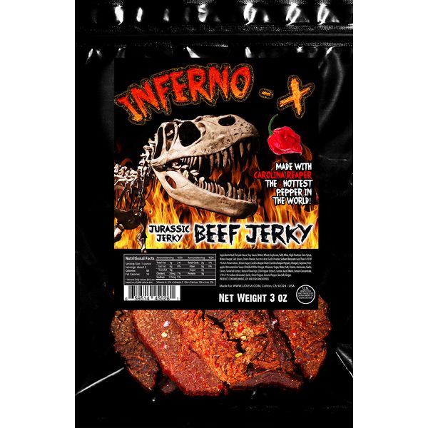 INFERNO X Carolina Reaper Beef Jerky – With Jurassic jerky’s special Blend of spices and the famous Carolina Reaper Pepper, the World’s Hottest Pepper! Amazing taste, MSG-free, no preservatives meat snack. Can You Handle The HEAT? (3 OZ bag)