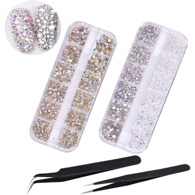 YFFSFDC Nail Art Parts, Nail Decoration, Crystal Rhinestones, Large Capacity Set, DIY Self Nail, 4 Colors Rhinestones, Case Included, 2 Tweezers Included