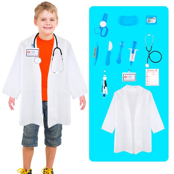 Flotory 11 Pcs Kids Doctor Costume Set Scientist Surgeon Suit White Coat with Stethoscope Props for Boys Girls Career Day Halloween (7-9 Years(120-130 cm))