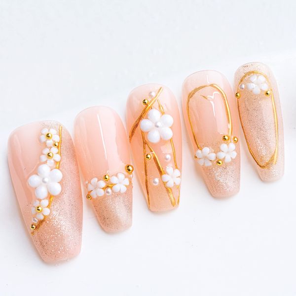 Sun&Beam Nails Handmade Press On Nail Long Coffin Ballerina Plum Blossom Pink Acrylic Fake Tip 3D Design Art Charms Cute with Storage Box 10 Pcs (#010 Plum Blossom | Pink XS)