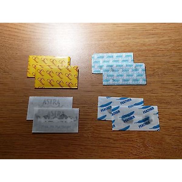 DOUBLE EDGE RAZOR SAMPLER - TOP BRANDS- FEATHER, ASTRA, DERBY, SHARK (8 BLADES)